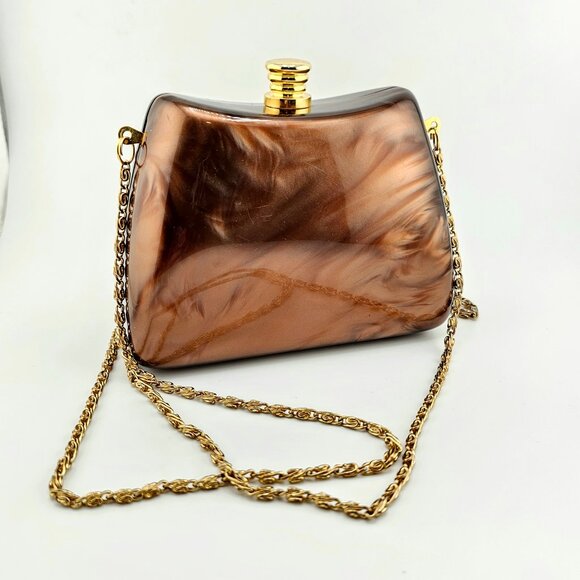 Handbags - Vintage Brown Marbled Acrylic Box Clutch with Gold Chain Strap